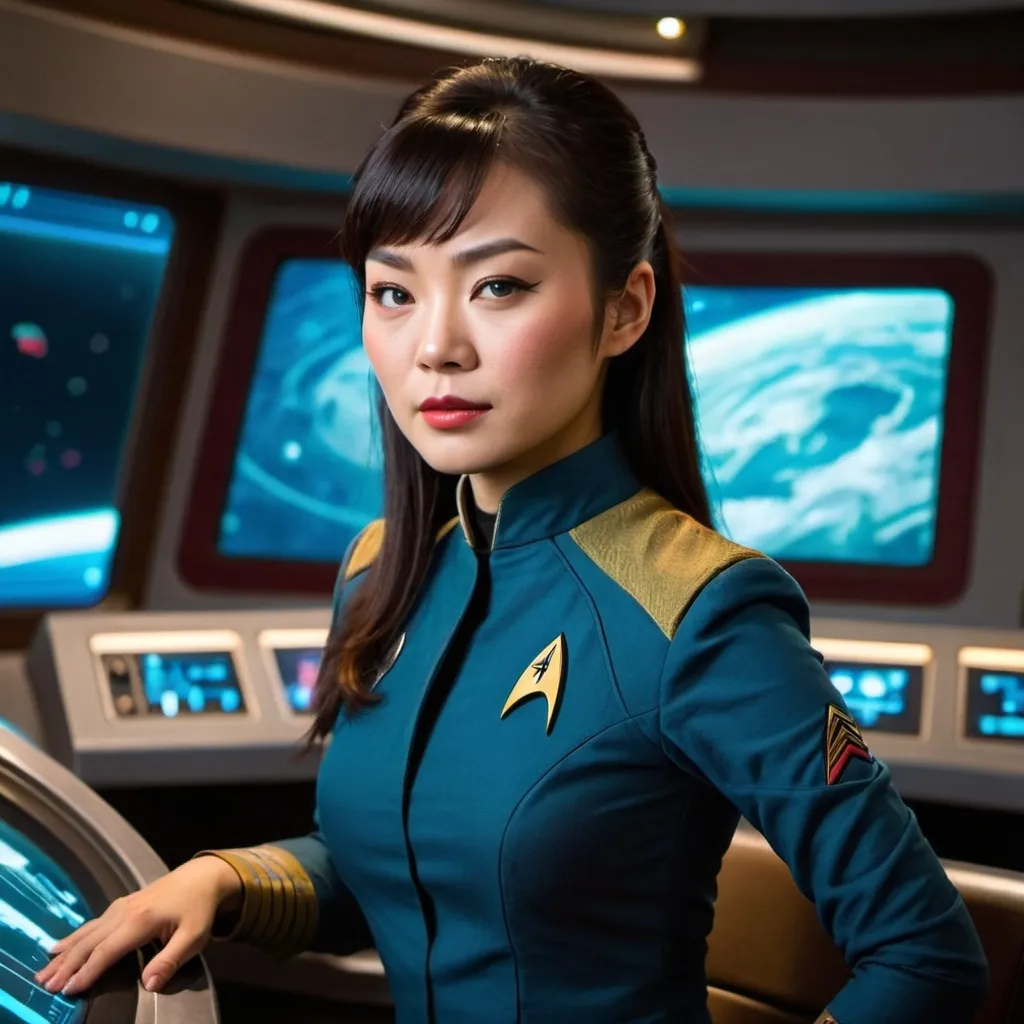 Prompt: A star trek asian female at the helm

