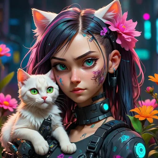 Prompt: Cyberpunk girl and her cat, flowery background, vibrant, hd
