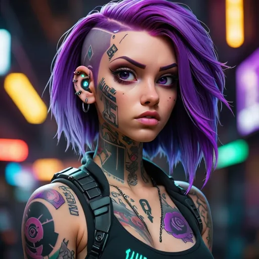 Prompt: Beautiful female, hd face, badass, purple hair, tattoos, cyberpunk, neon lights, hq