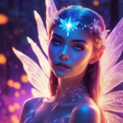 Prompt: Vibrant crystalline fairy woman with glowing skin, striking features, glowing ethereal background, 4k