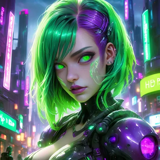 Prompt: Badass cyberpunk princess, hd face, green and purple hair, futuristic city, hd, neon lights, bioluminescence, glitter