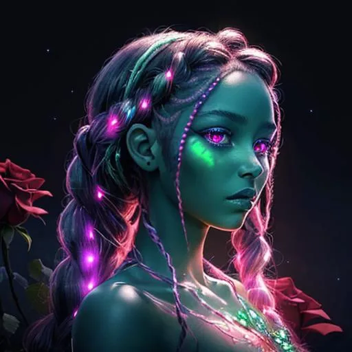 Prompt: Beautiful alien girl with green skin, glowing eyes, red roses, celestial background, braided bejeweled hair, HD, DreamShaper V8, celestial, glowing eyes,  intricate braids, jeweled hair, ethereal beauty, high quality