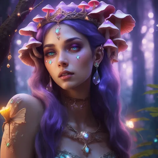 Prompt: Beautiful fairy princess with glowing tattoos and mushrooms growing from her bejewled dazzling skin