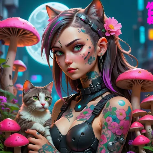 Prompt: Cyberpunk girl and her cat, flowery background, vibrant, hd, mushrooms, moon tattoo