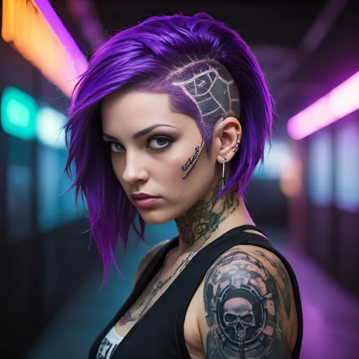 Prompt: Beautiful female, hd face, badass, purple hair, tattoos, cyberpunk, neon lights, hq