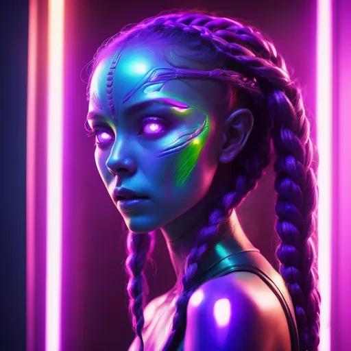 Prompt: Alien girl with purple skin in vibrant, iridescent colors, braided hair, rim lighting, artificial lighting, fluorescent, neon lamp, optical fiber, ultraviolet, celestial, high quality, sci-fi, futuristic, otherworldly, colorful, atmospheric lighting, glowing eyes