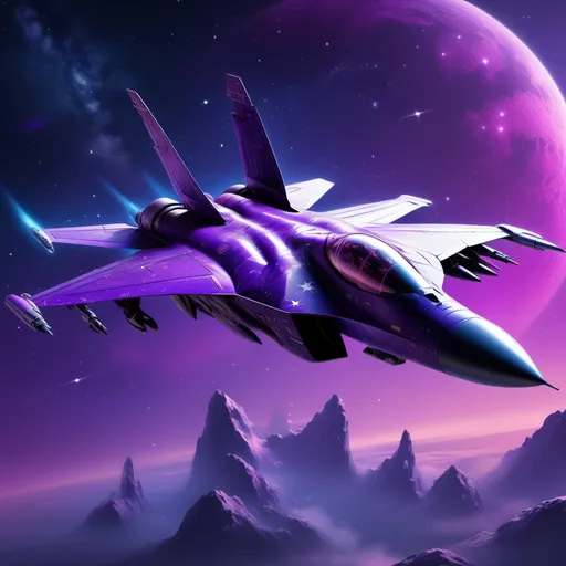 Prompt: Advanced fighter jet, metallic purple paint, vibrant starry sky, HD, futuristic, sleek design, detailed mechanics, intense and dynamic, expertly crafted, aerospace technology, high-tech, aerospace, cyberpunk, cool tones, atmospheric lighting