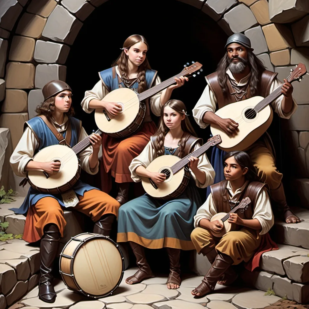 Prompt:  minstrels, 3 adult males 1 younger adult female holding hand drum, guitar, mountain dulcimer, and ukelele Dungeons and dragons Fantasy art
