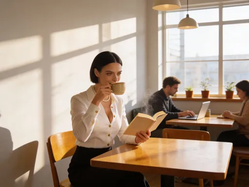 Prompt: @bZJGKd6bxkYo5MNo8Cr4 is drinking coffee and reading a book while sitting in a coffee shop with white walls, and wooden tables. There are several other customers in the shop