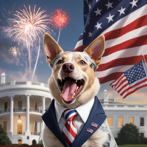 Prompt: A photorealistic patriotic portrait of a blonde heeler dog in a suit and tie with their mouth open and tongue out.  The dog is smiling.  Background is the white house and American flags.  Fighter jets and fireworks are overhead 