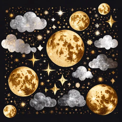 Prompt: a gold moon, stars and clouds on a black background, in the style of intricately sculpted, light gray and light gold, collage-like elements, артур скижали-вейс, the stars art group (xing xing), vibrant color combinations, light crimson and gold