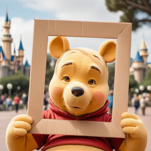 Prompt: Winnie the Pooh holds a piece of cardboard above his head with both hands, leaving his face exposed and serious, framed in a beige color palette with Disneyland in the background. High resolution mockup style close-up.