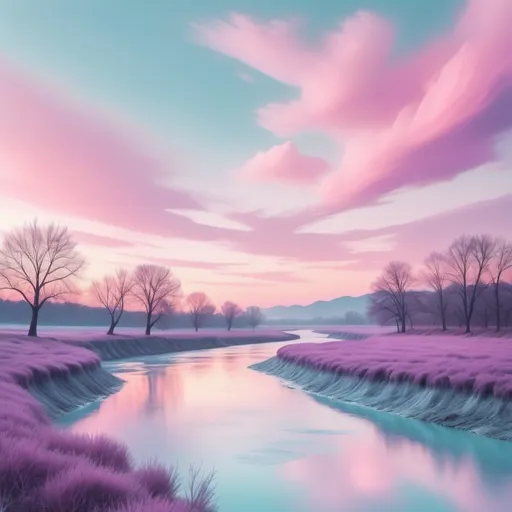 Prompt: cute waving river with pastel pink blue and purple sky