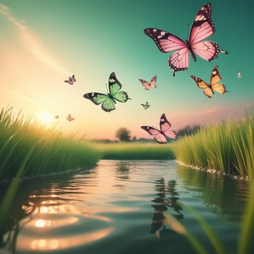 Prompt: cute butterflies flying over a wavy lake with pastel green grass and beautiful sunset in the background