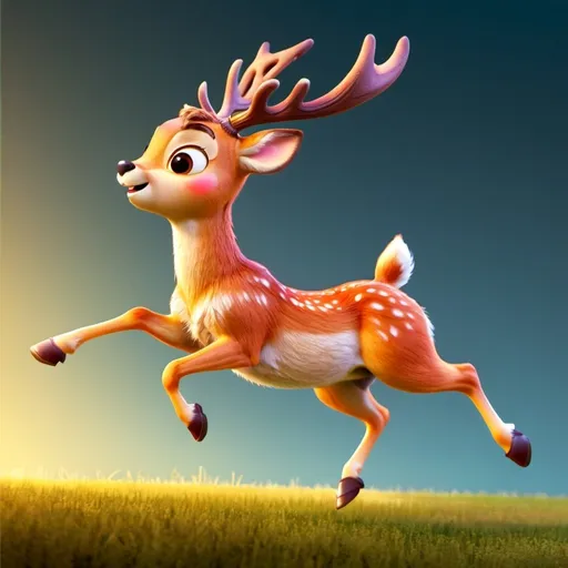 Prompt: Disney-style illustration of a cute deer jumping, side view, octane render, high quality, detailed fur, vibrant colors, whimsical, joyful, cute deer, Disney-style, side view, octane render, vibrant colors, detailed fur, high quality, whimsical, joyful