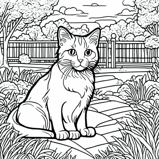 Prompt: cat in the park, simple black and white coloring book art, in the style of <mymodel>