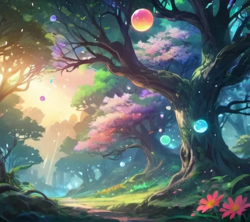 Prompt: High-quality anime illustration of a serene forest, vibrant greenery and colorful flowers, magical glowing orbs floating around, ethereal atmosphere, detailed foliage and intricate tree branches, mystical fantasy setting, anime, vibrant colors, detailed environment, magical orbs, serene atmosphere, highres, ultra-detailed, fantasy, anime style, ethereal lighting