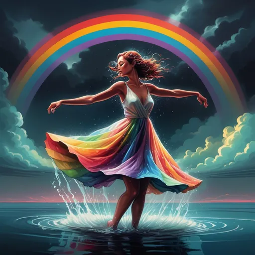 Prompt: a woman in a dress is dancing in the water with a rainbow in the background and a dark sky, Cyril Rolando, figurative art, highly detailed digital painting, a photorealistic painting