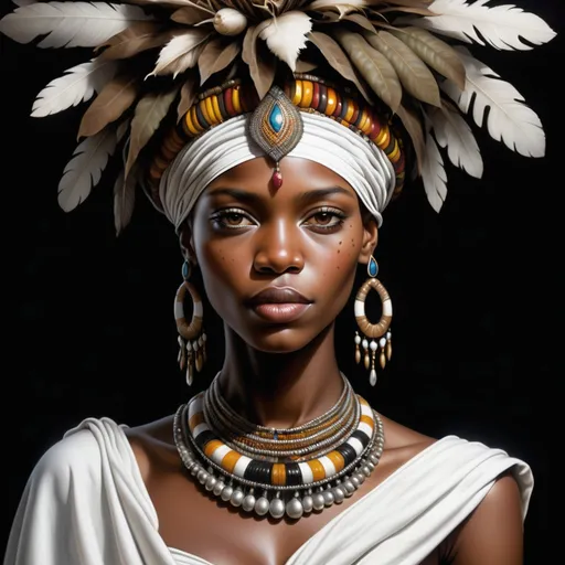 Prompt: a painting of african  woman wearing a headdress and jewelry with a black background and a white background, Ann Thetis Blacker, photorealism, highly detailed digital painting, a photorealistic painting