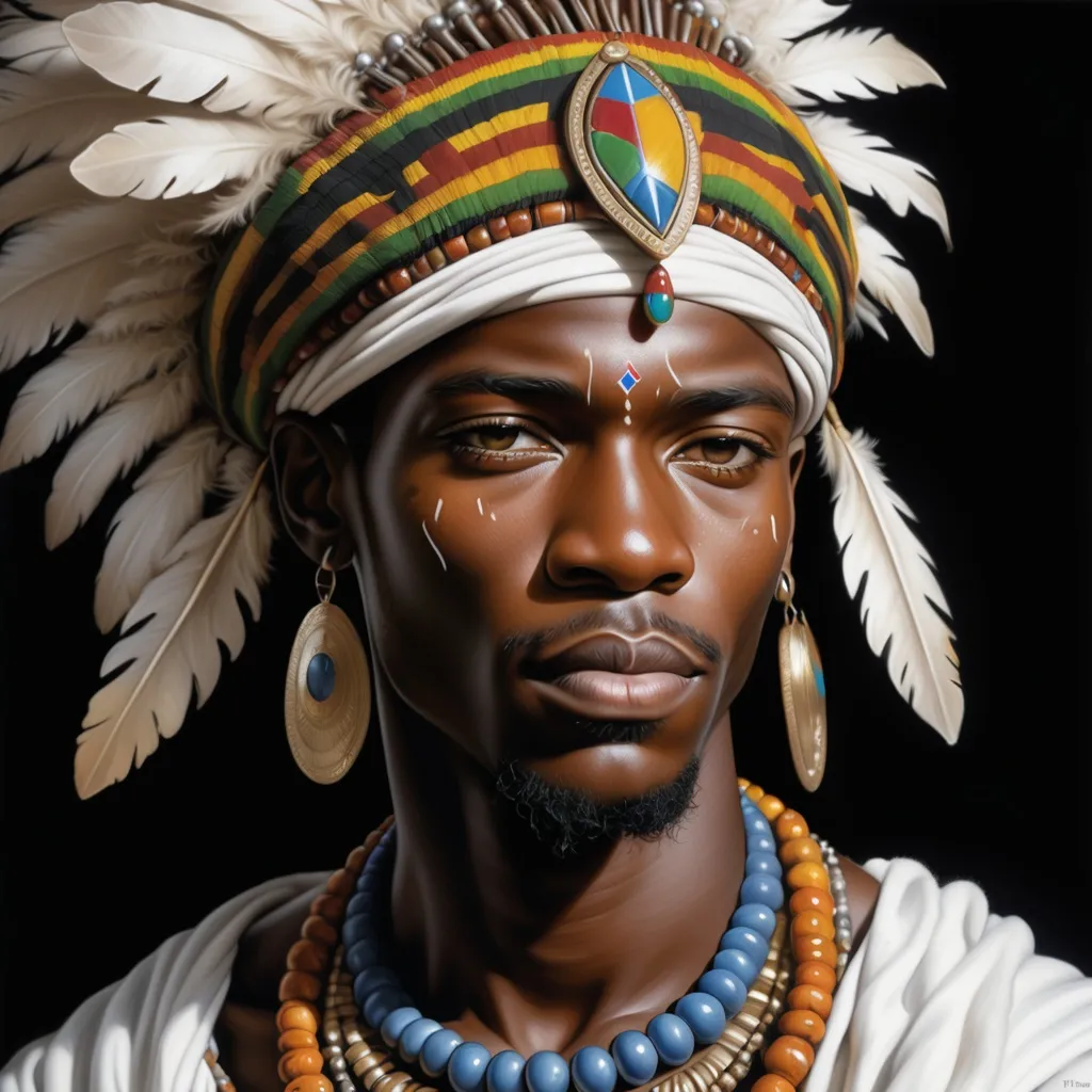 Prompt: a painting of african  man wearing a headdress and jewelry with a black background and a white background, Ann Thetis Blacker, photorealism, highly detailed digital painting, a photorealistic painting