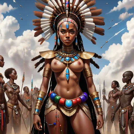 Prompt: a woman in a costume standing in front of a group of people in costume and weapons, with a sky background, Chinwe Chukwuogo-Roy, afrofuturism, brown skin, a poster Maasai Warrior Princess African  adorned with an intricate array of cascading tribal beads and jewels. The dramatic contrast of the dark background amplifies the expressive intensity of her gaze, highlighting e (2)