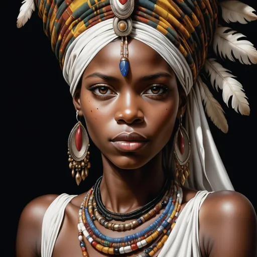 Prompt: a painting of african  woman wearing a headdress and jewelry with a black background and a white background, Ann Thetis Blacker, photorealism, highly detailed digital painting, a photorealistic painting