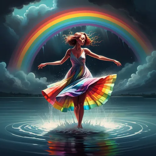 Prompt: a woman in a dress is dancing in the water with a rainbow in the background and a dark sky, Cyril Rolando, figurative art, highly detailed digital painting, a photorealistic painting