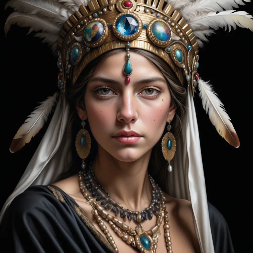 Prompt: a painting of a woman wearing a headdress and jewelry with a black background and a white background, Ann Thetis Blacker, photorealism, highly detailed digital painting, a photorealistic painting