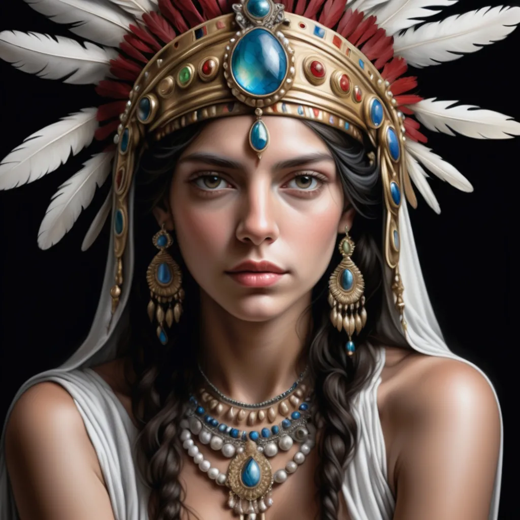 Prompt: a painting of a woman wearing a headdress and jewelry with a black background and a white background, Ann Thetis Blacker, photorealism, highly detailed digital painting, a photorealistic painting