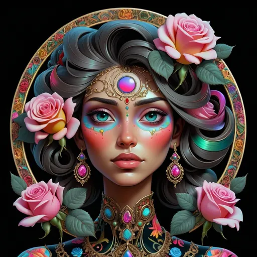 Prompt: a woman's face with roses in her hair and a crescent shaped frame around it, with a black background, Android Jones, psychedelic art, highly detailed digital painting, a painting