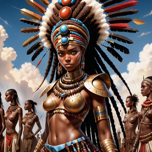 Prompt: a woman in a costume standing in front of a group of people in costume and weapons, with a sky background, Chinwe Chukwuogo-Roy, afrofuturism, brown skin, a poster Maasai Warrior Princess African  adorned with an intricate array of cascading tribal beads and jewels. The dramatic contrast of the dark background amplifies the expressive intensity of her gaze, highlighting e (2)