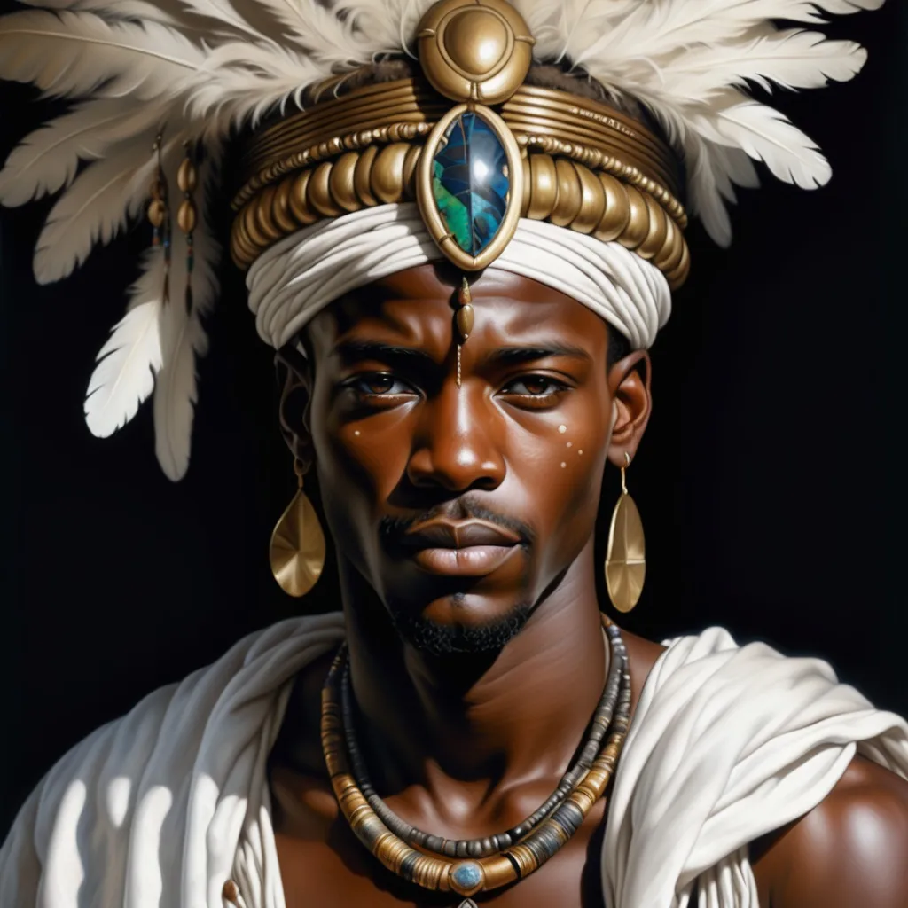 Prompt: a painting of african  man wearing a headdress and jewelry with a black background and a white background, Ann Thetis Blacker, photorealism, highly detailed digital painting, a photorealistic painting