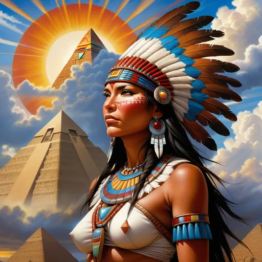 Prompt: a painting of a native american woman with a pyramid in the background and a sky background with clouds and a sun, Don Maitz, figurative art, highly detailed digital painting, a detailed painting