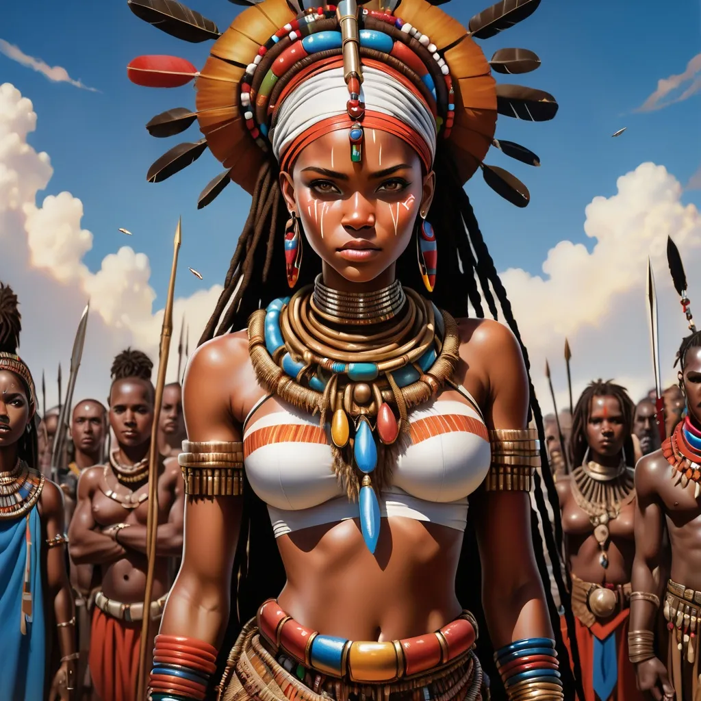 Prompt: a woman in a costume standing in front of a group of people in costume and weapons, with a sky background, Chinwe Chukwuogo-Roy, afrofuturism, brown skin, a poster Maasai Warrior Princess African  adorned with an intricate array of cascading tribal beads and jewels. The dramatic contrast of the dark background amplifies the expressive intensity of her gaze, highlighting e (2)