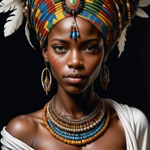 Prompt: a painting of african  woman wearing a headdress and jewelry with a black background and a white background, Ann Thetis Blacker, photorealism, highly detailed digital painting, a photorealistic painting