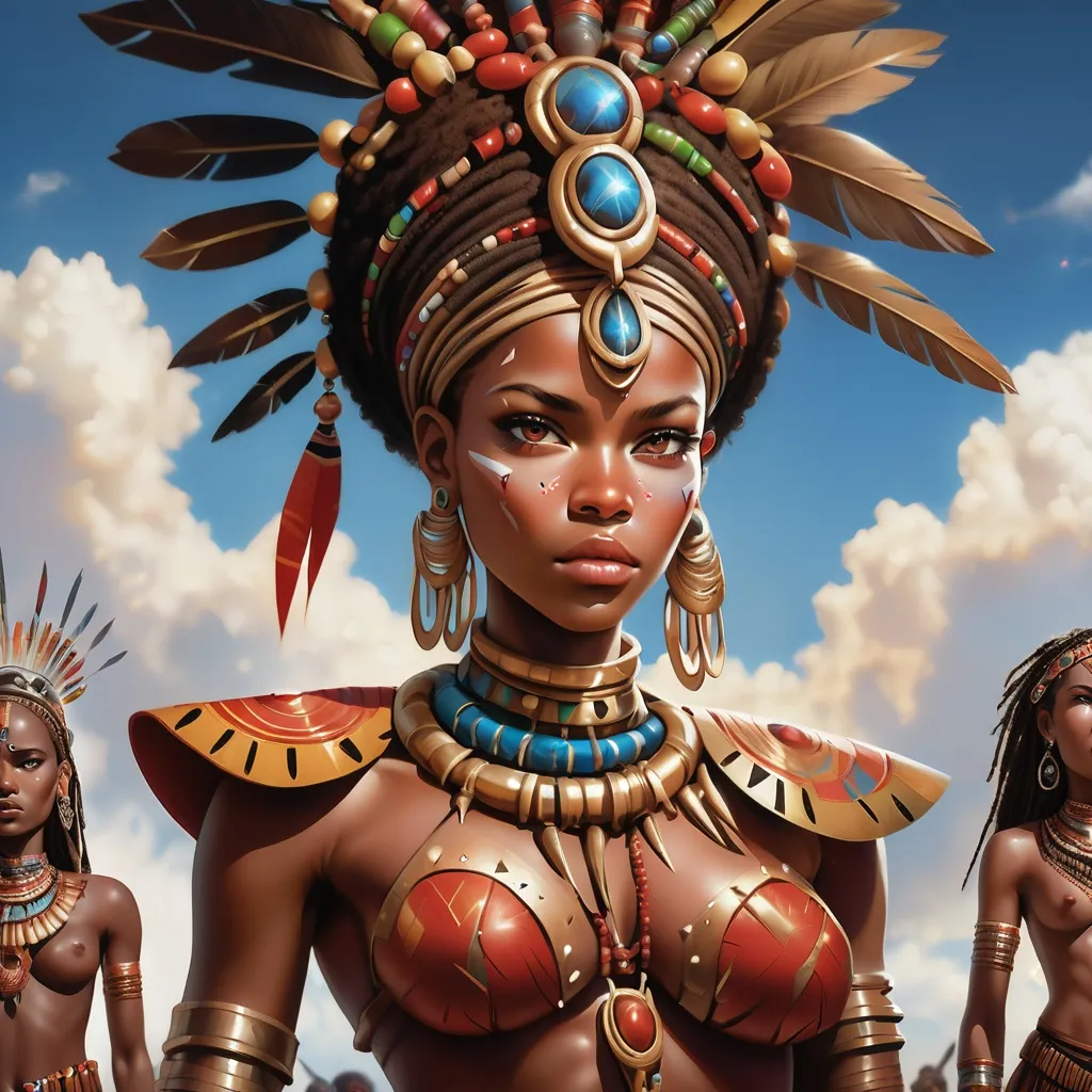 Prompt: a woman in a costume standing in front of a group of people in costume and weapons, with a sky background, Chinwe Chukwuogo-Roy, afrofuturism, brown skin, a poster Maasai Warrior Princess African  adorned with an intricate array of cascading tribal beads and jewels. The dramatic contrast of the dark background amplifies the expressive intensity of her gaze, highlighting e (2)