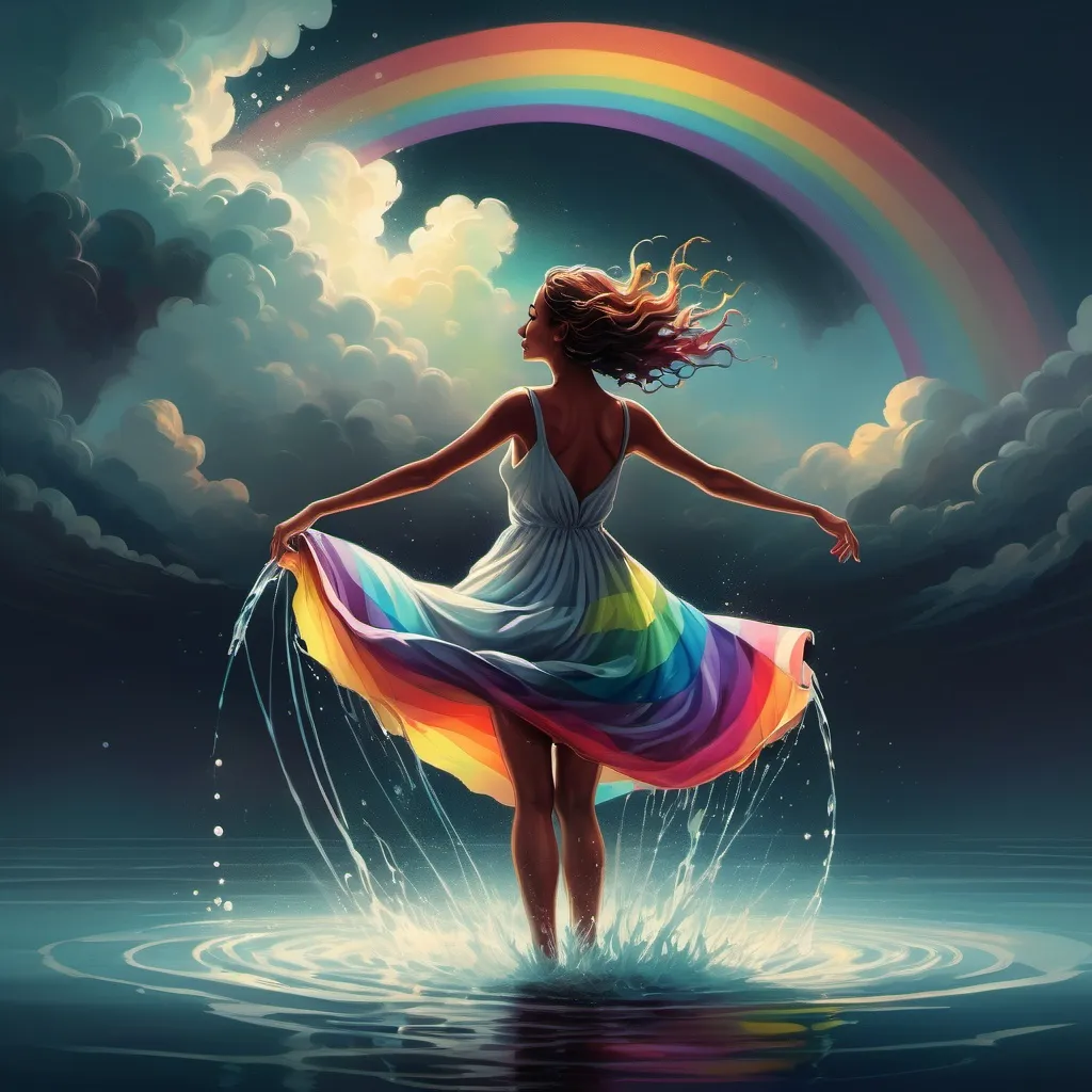 Prompt: a woman in a dress is dancing in the water with a rainbow in the background and a dark sky, Cyril Rolando, figurative art, highly detailed digital painting, a photorealistic painting