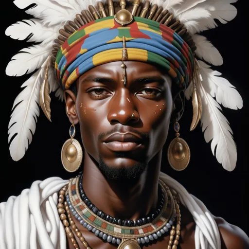 Prompt: a painting of african  man wearing a headdress and jewelry with a black background and a white background, Ann Thetis Blacker, photorealism, highly detailed digital painting, a photorealistic painting