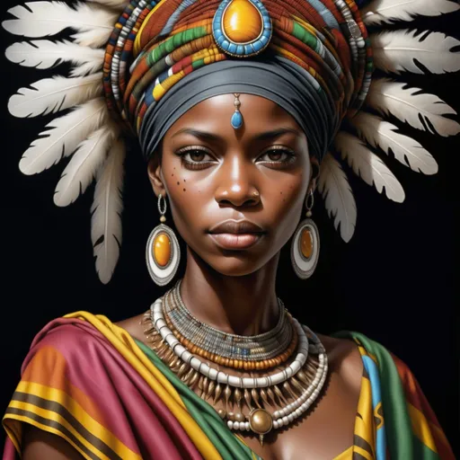 Prompt: a painting of african  woman wearing a headdress and jewelry with a black background and a white background, Ann Thetis Blacker, photorealism, highly detailed digital painting, a photorealistic painting