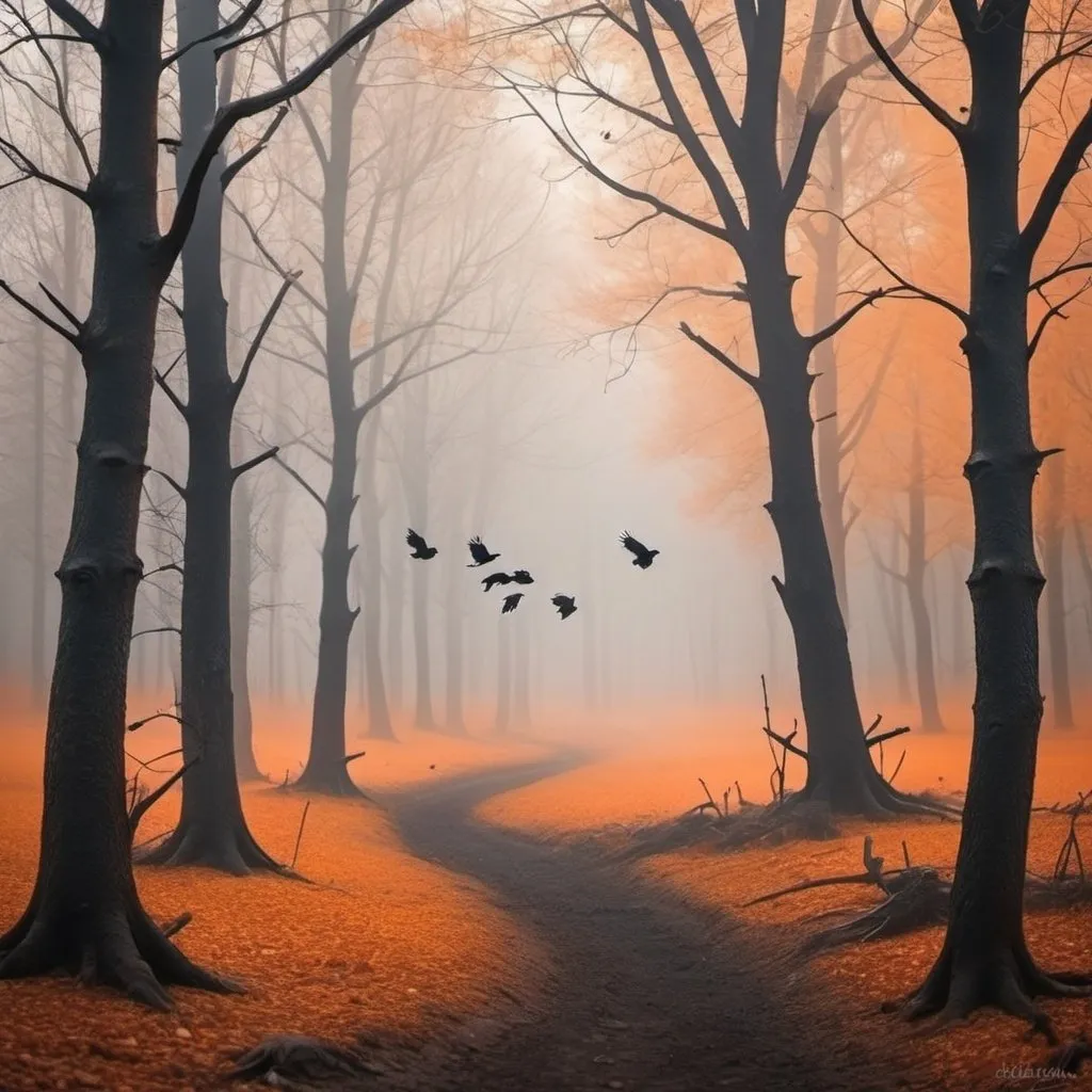 Prompt: scary hollow misty forest with crows and orange colors