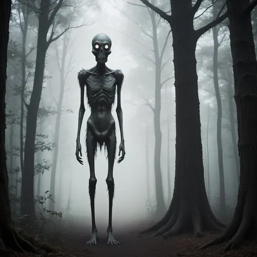 Prompt: super tall skinny no faced monster in a dark wood with mist