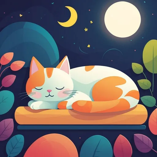 Prompt: illustrations for a book-cover,flat design,simple shapes,vector,colorful,2D,cute cartoon characters,cat sleeping
