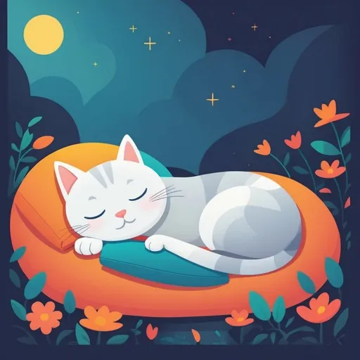 Prompt: illustrations for a book-cover,flat design,simple shapes,vector,colorful,2D,cute cartoon characters,cat sleeping