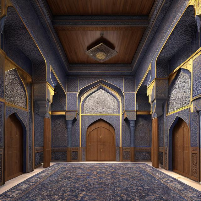Prompt: Perspective of a 4-floor Islamic-Persian house, detailed architecture, wooden door, round windows, lush trees, realistic, atmospheric lighting, photorealism, navy blue accents, detailed materials, Persian symbols, high quality