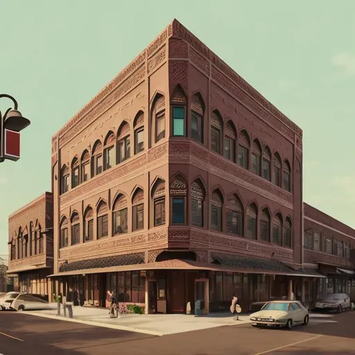 Prompt: Vintage-style illustration of a modern building, brick and matte materials, colorful Islamic-patterned windows, warm tones, nostalgic vibe, intricate design, detailed textures, vintage, modern, nostalgic, brick building, matte materials, detailed windows, warm tones, intricate design, high quality, vintage style, colorful windows, nostalgic atmosphere, atmospheric lighting