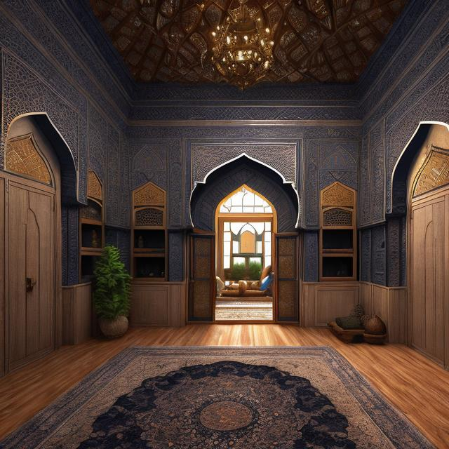 Prompt: Perspective of a 4-floor Islamic-Persian house, detailed architecture, wooden door, round windows, lush trees, realistic, atmospheric lighting, photorealism, navy blue accents, detailed materials, Persian symbols, high quality