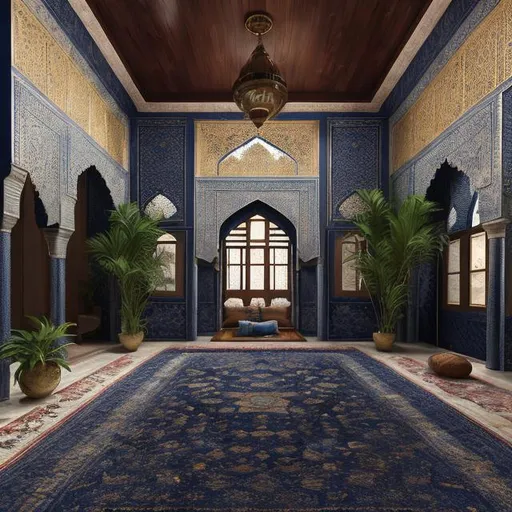 Prompt: Realistic depiction of an Islamic-Persian house, 4 floors, detailed architecture, navy blue accents, wooden door, colorful round windows, lush date palm trees, realistic mats and bricks, high quality, realism, Islamic-Persian house, detailed architecture, navy blue accents, wooden door, round windows, lush trees, detailed materials, realistic, atmospheric lighting