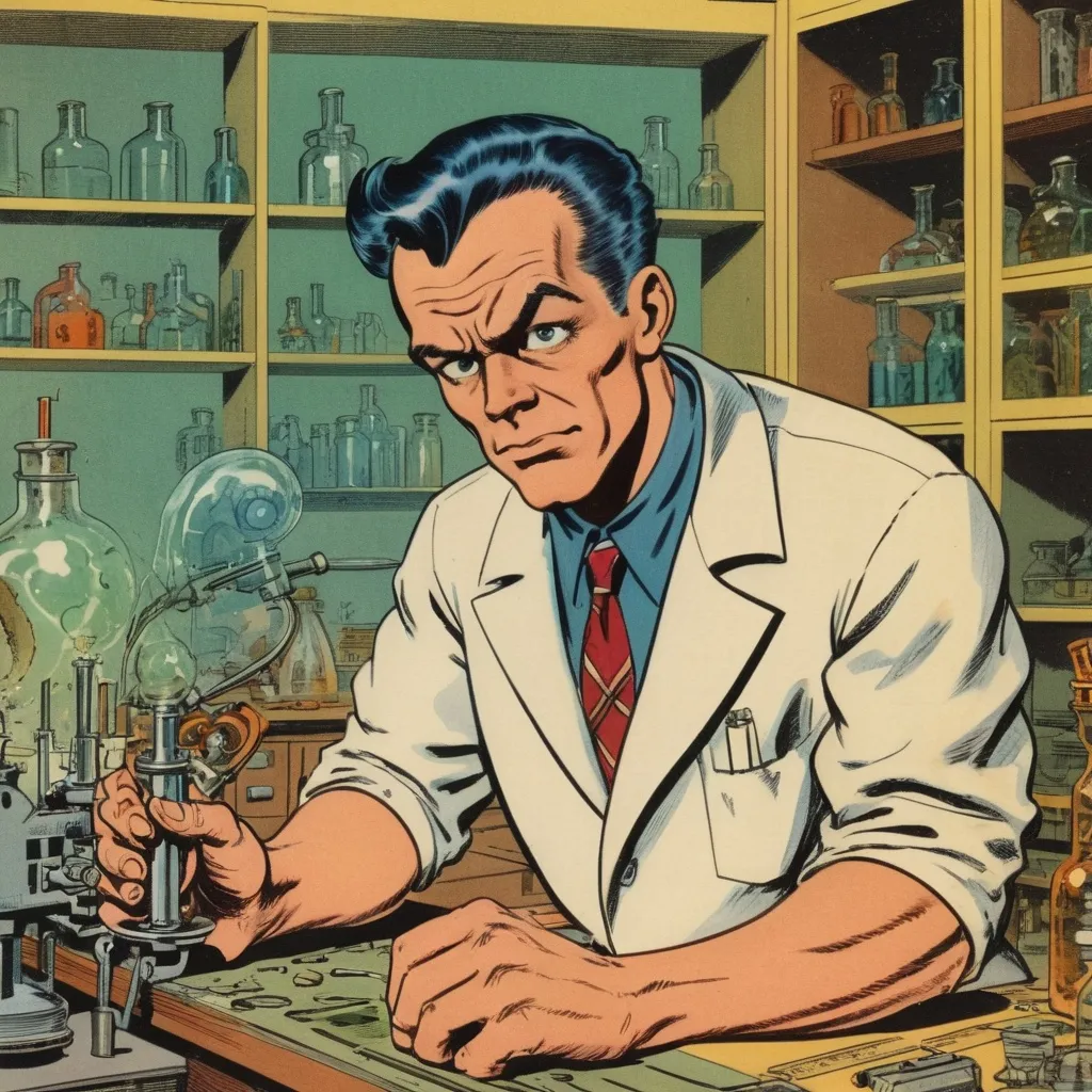 Prompt: A mad scientist in a lab, in the style of Jack Kirby and Wally Wood, 1940s vintage comic, faded colors