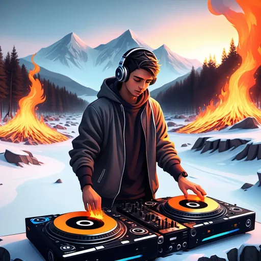 Prompt: imagen animada con un chico dj de espaldas en un paisaje inmenso de fuego y hielo