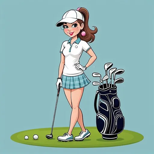 Prompt: Pretty Golfer cartoon with golf bag